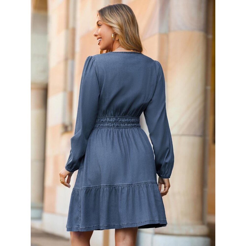 Women's Denim Dress Casual Long Sleeve V Neck Flowy A Line Pockets - Picture 4 of 8